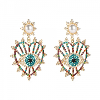 One pair heart evil eye rhinestone pearls punk alloy earrings (length:7.3cm)