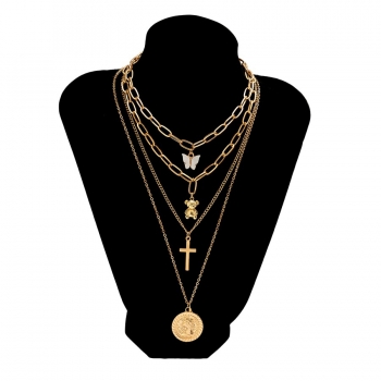 Four pc set metal chain bow cross pendant stylish necklace(mixed length)