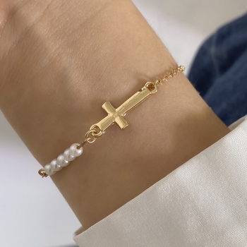One pc new two colors pearl cross stylish all-match bracelet(length:14cm+5cm)