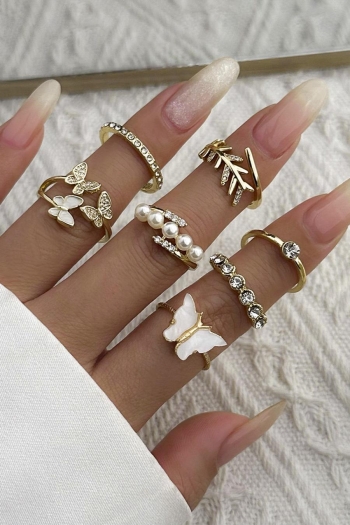 seven pc set new pearl rhinestone butterfly stylish all-match rings(mixed length)