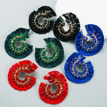 one pair leaf shape rhinestone decor tassel hoop creative earrings (length:5cm)