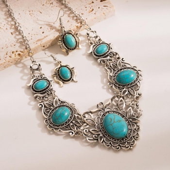 two piece set vintage turquoise necklace earrings set (length:49.5+4.5cm)