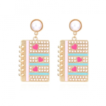 one pair 2 colors book shape pendant pearl heart earrings(length:5.8cm)