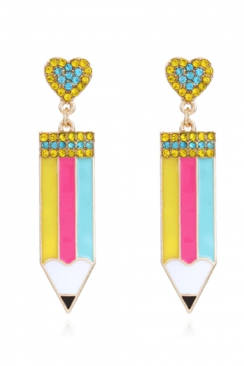 one pair multicolor pencil shape pendant rhinestone heart earrings(length:6.1cm)