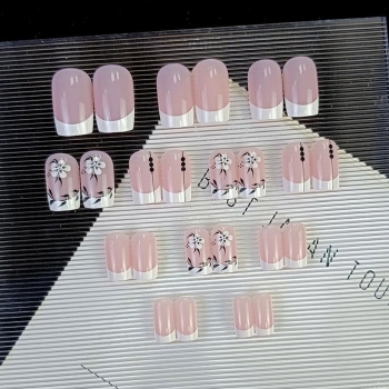 Twenty four pcs white border flower leaf printing fake nails x3 boxes(contain 3 pcs tapes)