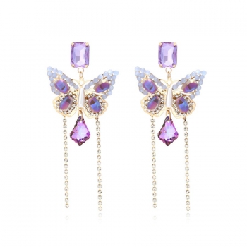 One pair butterfly rhinestone tassel earrings(length:9.3cm)