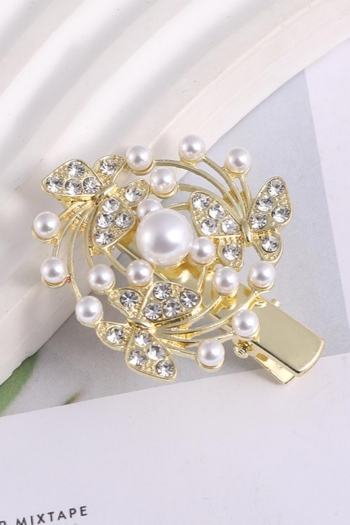 one pc round shape rhinestone butterfly pearl hair clip