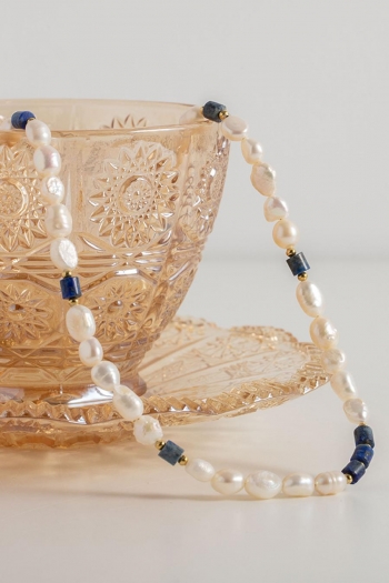 One pc stylish blue stone pearls all-match necklace (length:38+6cm)
