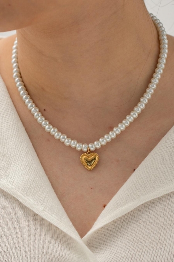One pc classic heart shape pearls stainless steel necklace (length:40+5cm) 