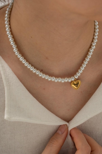 One pc classic heart shape pearls stainless steel necklace (length:40+5cm) 