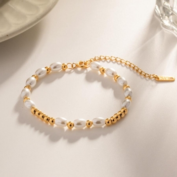 One pc classic pearls beads stainless steel bracelet (length:16+5cm)