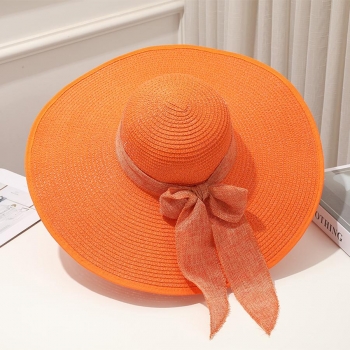 one pc beach bow decor foldable orange straw hat 56-58cm