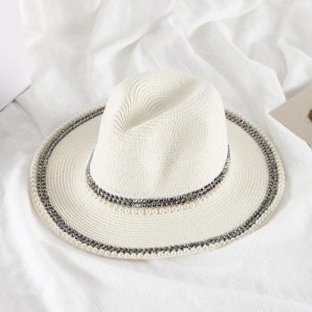 one pc pearl rivet beach straw hat 56-58cm #1#