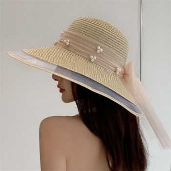 one pc mesh pearl decor straw hat 56-58cm
