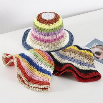 one pc rainbow crochet foldable straw hat 56-58cm