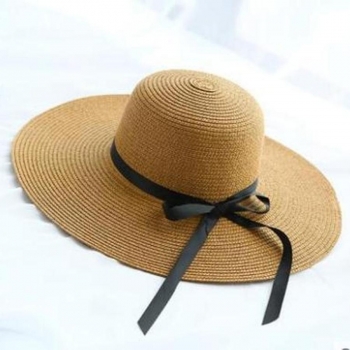 one pc bow decor foldable breathable beach straw hat 56-58cm