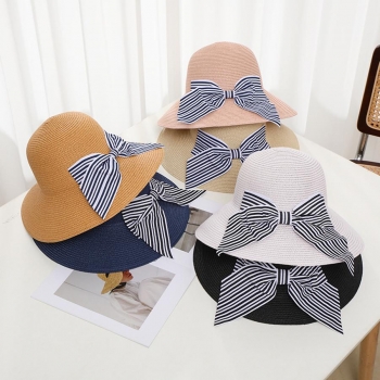 one pc stripe bow decor beach straw hat 56-58cm