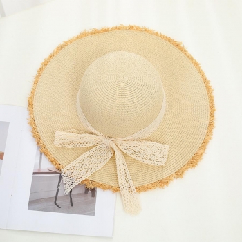 one pc raw edge lace bow outdoor beach straw hat 56-58cm#1#