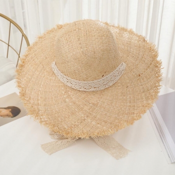 one pc raw edge pearl lace decor beach straw hat 56-58cm