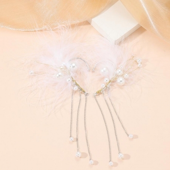 one pair feather pearl tassel earrings(length:25cm)