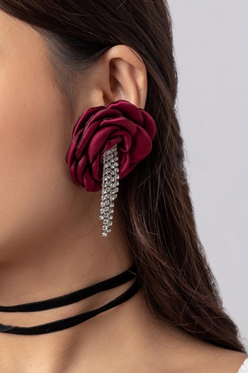 one pair retro rhinestone tassel satin flower earrings(length:7.5cm)