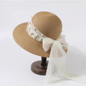one pc mesh pearl bow decor foldable straw hat