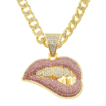 one pc full rhinestones lips teeth pendant necklace(length:50cm)