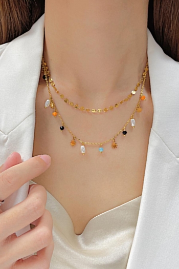 one pc two layer stainless steel rhinestone pearl necklace(length:38+5.5cm)
