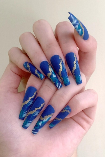 twenty four pcs blue flame marble pattern fake nails x3 boxes(with 3 pcs tapes)