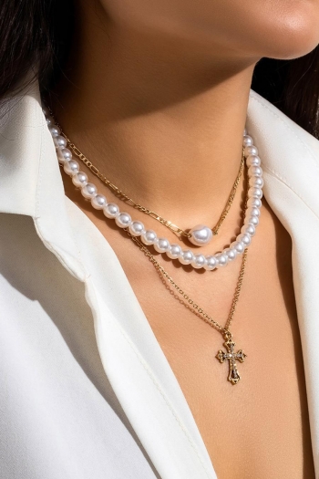 three pc set beach pearl rhinestone cross pendant necklace(mixed length)