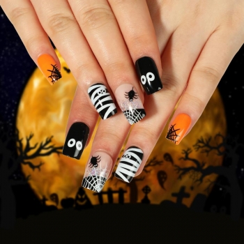 twenty four pcs halloween spider web printing fake nails x3 boxes(with 3 pcs tapes)