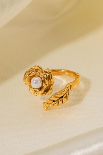 one pc retro stainless steel camellia pearl ring(length:1.9cm)