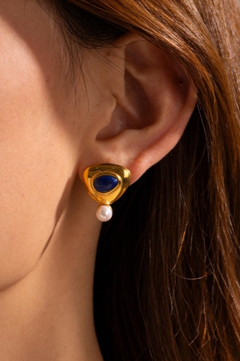 one pair stainless steel pearl lapis lazuli earrings(length:2.14cm)
