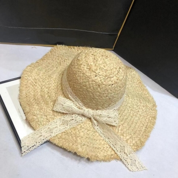 one pc beach lace bow adjustable wavy shape straw hat 54-58cm