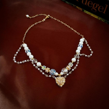 one pc stylish new rhinestone heart pendant pearl beaded necklace(length:41.5cm)