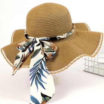 one pc two colors ribbon bowknot big brim beach straw hat 58-60cm