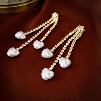 one pair rhinestone tassel pearl heart shape earrings(length:8.8cm)