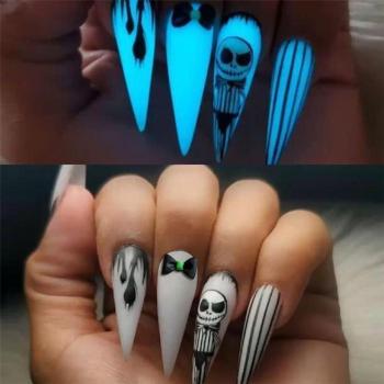 twenty four pcs halloween stripe luminous bow skull fake nails x3 boxes(with 3 pcs tapes)