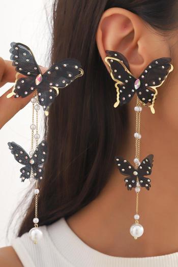 one pair rhinestone pearl butterfly tassel earrings(length:13cm)