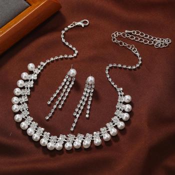 two pc set pearl rhinestone tassel wedding necklace earrings(mixed length)