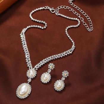 two pc set oval pearl rhinestone wedding necklace earrings(mixed length)
