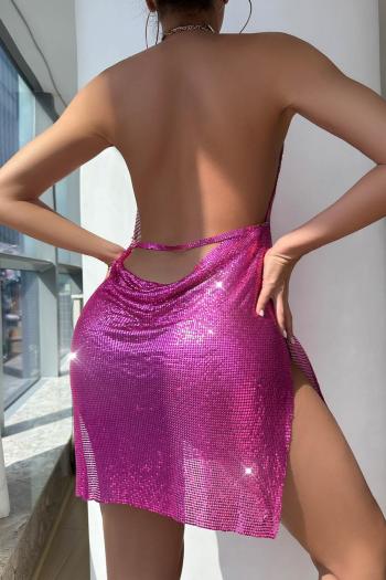 Sexy 7 colors halter neck sequins backless slit mini dress body jewelry