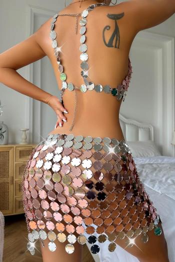 Sexy chain stitching acrylic slit sling mini skirt sets body jewelry