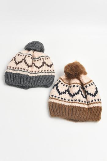 one pc retro jacquard contrast color fur ball thickened warm knitted hat 55-58cm
