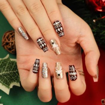 christmas 24 pcs glitter print rhinestones fake nails x3 boxes(with 3 pcs tapes)