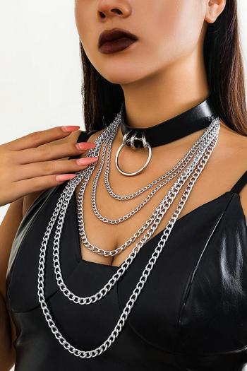 one pc stylish new multi-layer metal chain decor adjustable pu necklace