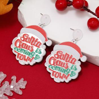one pair christmas hat shape letter print acrylic earrings(length:6cm)