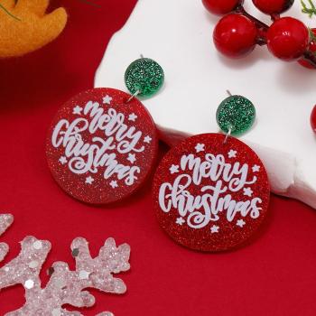 one pair christmas round shape letter print acrylic earrings(length:4.7cm)