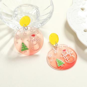 one pair christmas snowman print round acrylic earrings(length:5.8cm)