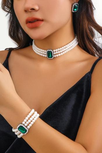 one set of retro new pearl chain rhinestone decor earrings necklace & bracelet